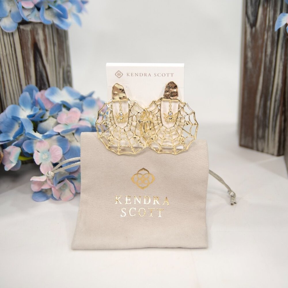 Kendra Scott Gold Cubic Zirconia Spiderweb Large Statement Earrings NWT - Picture 2 of 4